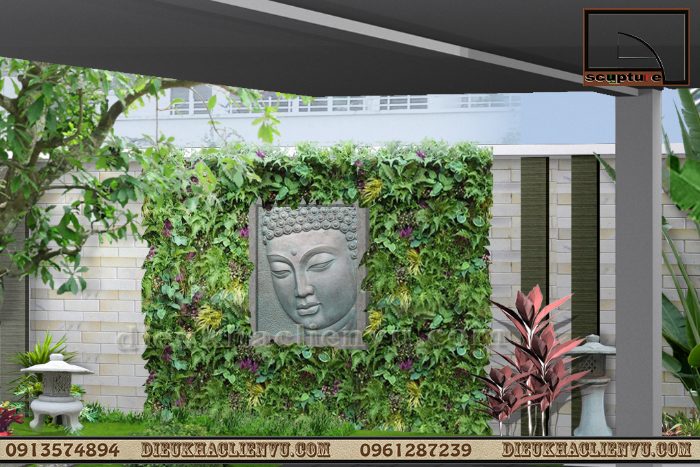 Tranh phù điêu sân vườn kết hợp cùng tiểu cảnh